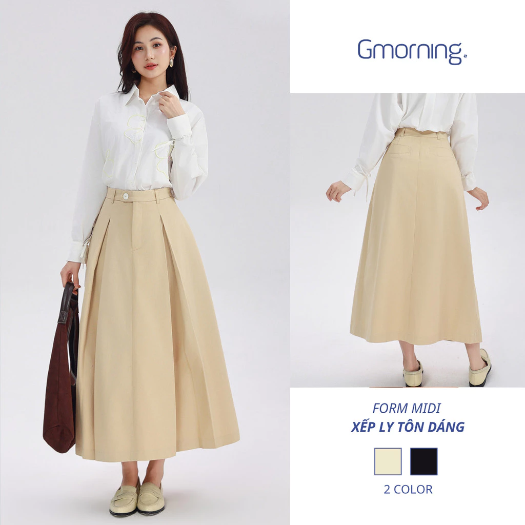 Chân Váy Kaki Jean Dài Gmorning YVF10073 - Váy Midi Xếp Ly Bản To Form A Xòe Thanh Lịch