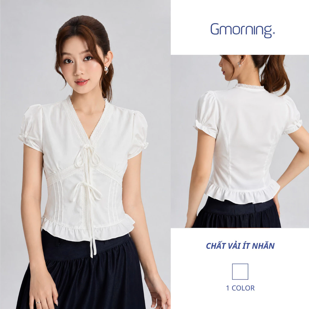 Áo Kiểu Nữ Gmorning YAG06005 Vải Kate Sợi tre Cao Cấp - Áo Trắng Cổ V Viền Ren Thắt Nơ Xinh Xắn Chuẩn Style Tiểu Thư