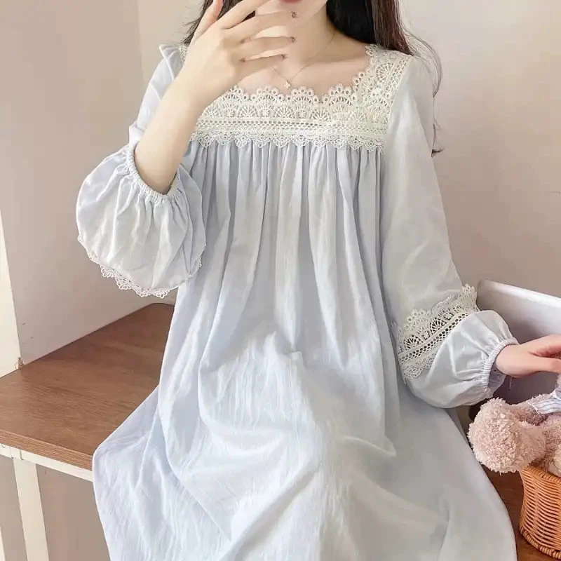 Bộ Đồ Ngủ Nữ Dài Tay từ Cotton, Style Mùa Xuân - Thu, Váy Ngọt Ngào, Size Lớn, Thoảng Mát