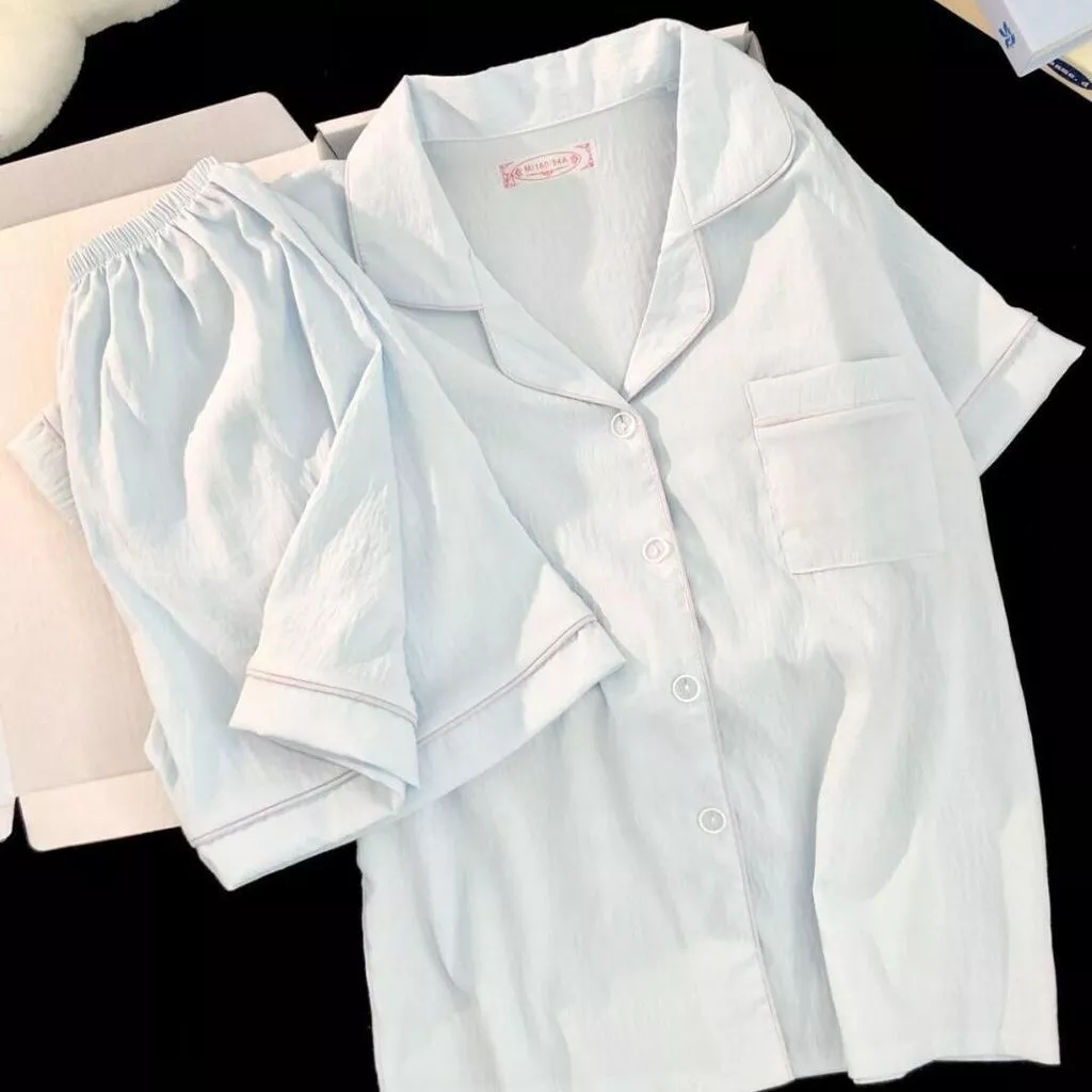 [-Order]-Bộ đồ ngủ vải cotton gạc cho nữ, kiểu dáng mùa hè, bộ quần áo ngắn tay, màu trơn, phong cách  chuẩn hàng qc