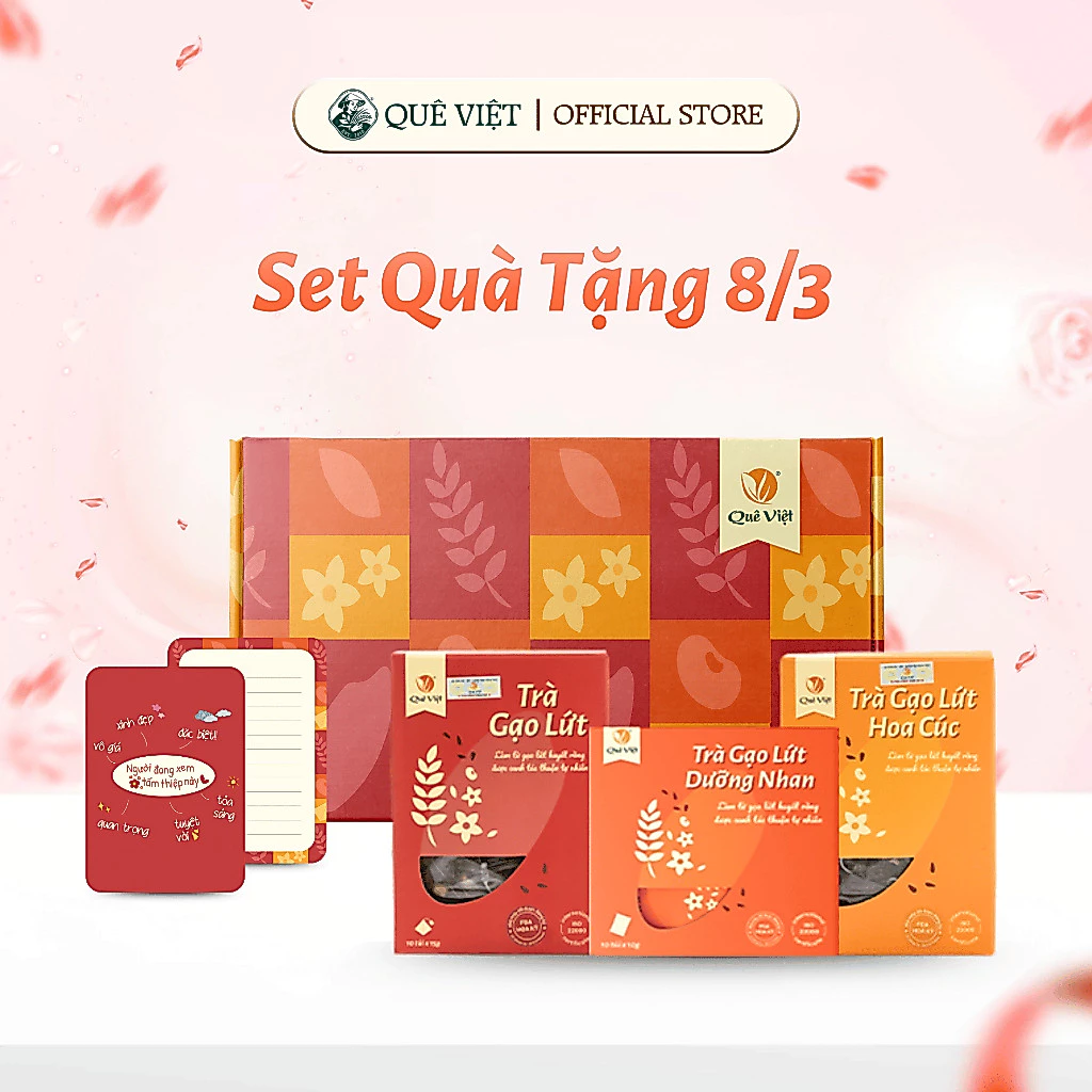 Set quà Quê Việt - Trà Gạo Lứt Quê Việt 150g, Trà Gạo Lứt Hoa Cúc Quê Việt 150g, Trà Gạo Lứt Dưỡng Nhan 100gr (10 túi)