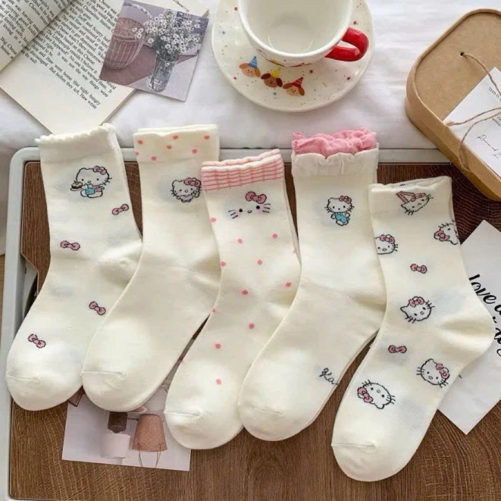 Set 10 Đôi Tất/ Vớ Hoạ Tiết Mèo HeLLo Hồng Cổ Cao Phong Cách Hàn Co Giãn Dễ Thương (free size)