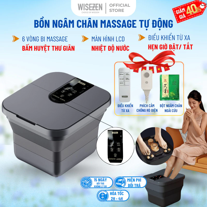 Bồn ngâm chân massage Wisezen gấp gọn massage ngâm chân hồng ngoại sục khí con lăn massage tự động