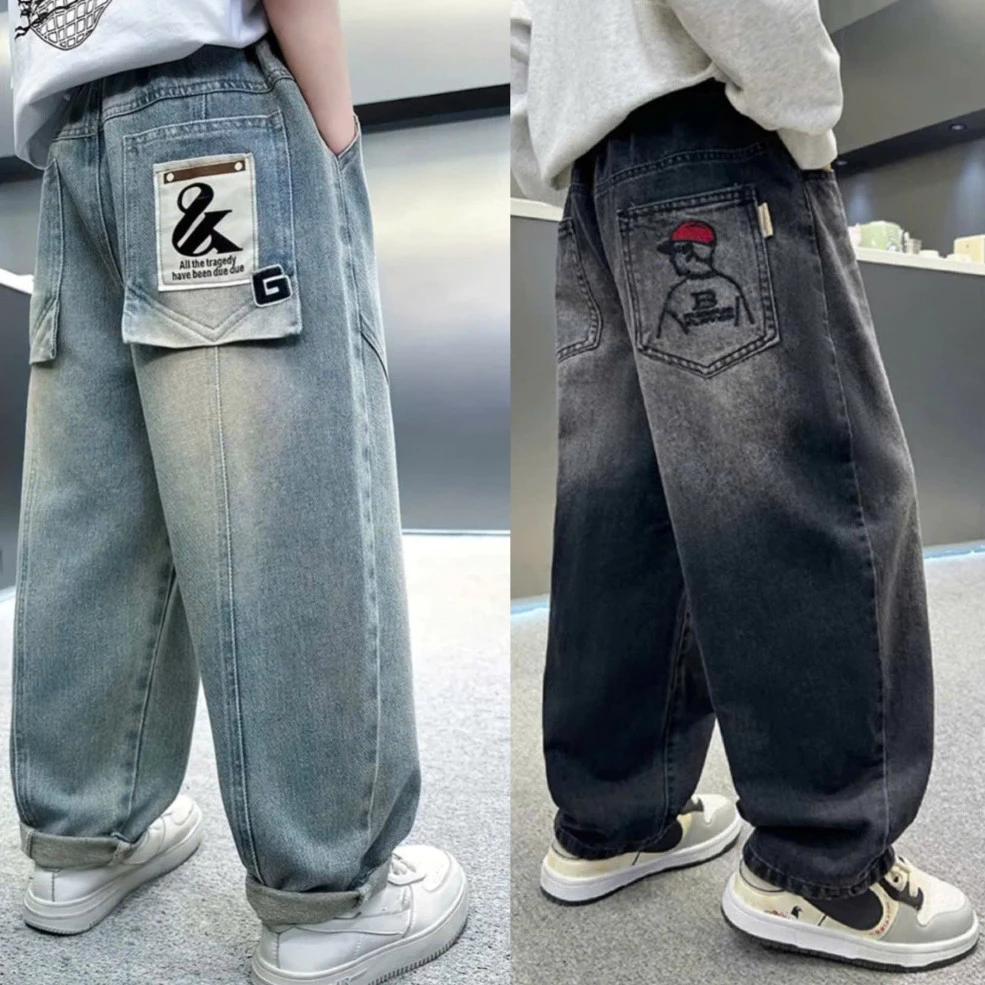 (16-50kg) Quần jean bé trai thêu hình họa tiết sang xịn,Quần dài bò cho bé trai phong cách khỏe khoắn đẹp