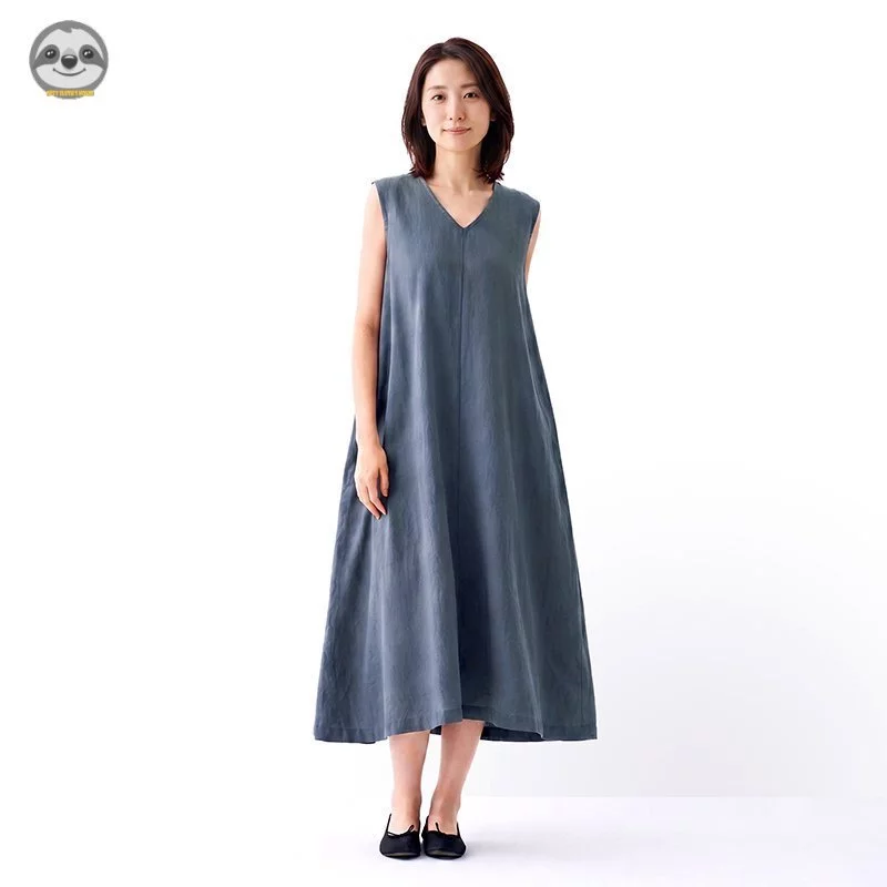Phong cách Nhật Bản Muji / Đầm cổ chữ V không tay bằng vải lanh Cotton / Váy dài thẳng dáng rộng mát mẻ / Váy màu trơn đơn giản