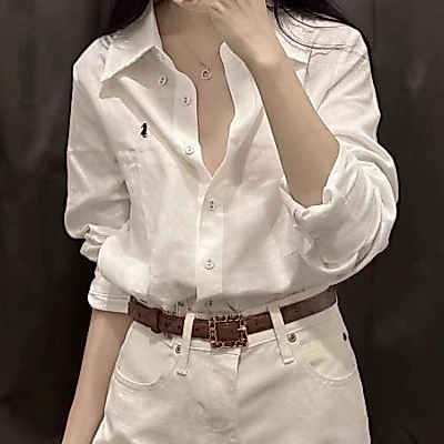 Áo sơ mi nữ công sở tay dài thêu ngựa - Summer Spring Tea - Áo sơ mi trắng thêu ngựa lụa hàn mặc đi học - đi làm