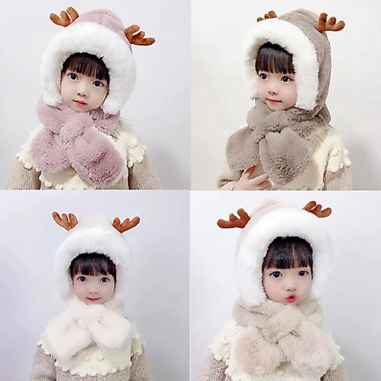 Mũ Len Sừng Huơu Mùa Đông Kèm Khăn Quàng Cho Bé Từ 2 Đến 6 Tuổi Siêu Ấm Áp Dễ Thương (Didooglt)