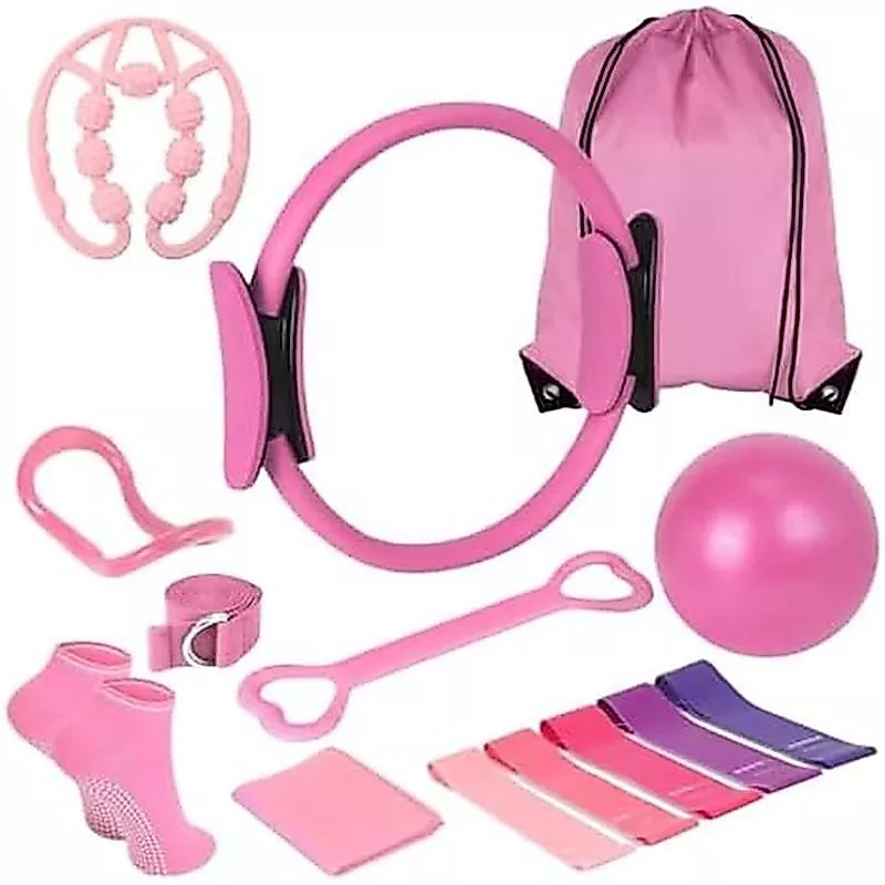 Bộ thiết bị Pilates để tập luyện tại nhà, Bộ vòng và bóng Pilates với 5 dây kháng lực, mag-ic Circle Compact Toning Fitness Essentials Starter Set Phụ kiện, Thanh trượt lõi, So