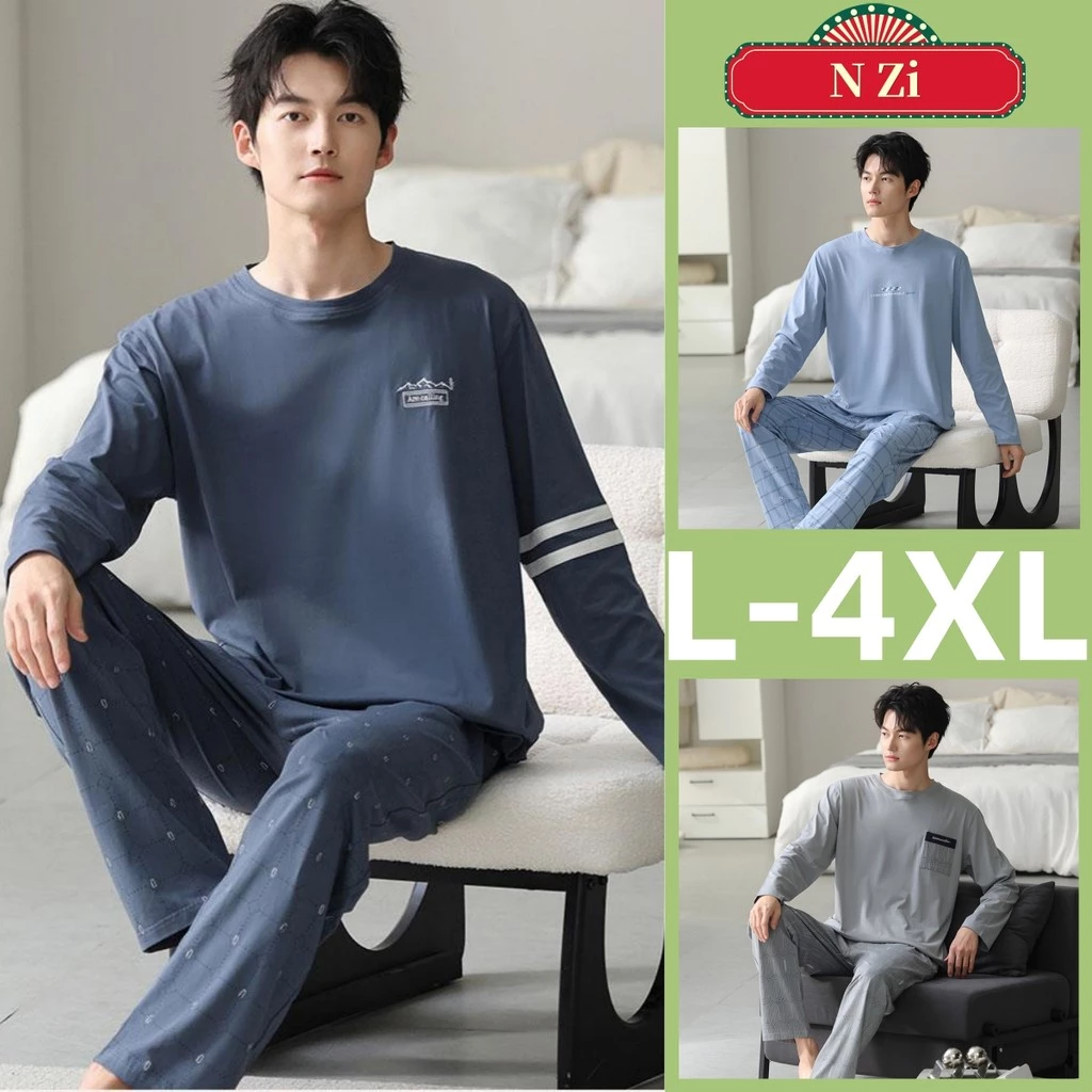 L-4XL Bộ Đồ Ngủ Nam Cotton Mùa Thu Đông Dài Tay, Thiết Kế Rời Cho Nam