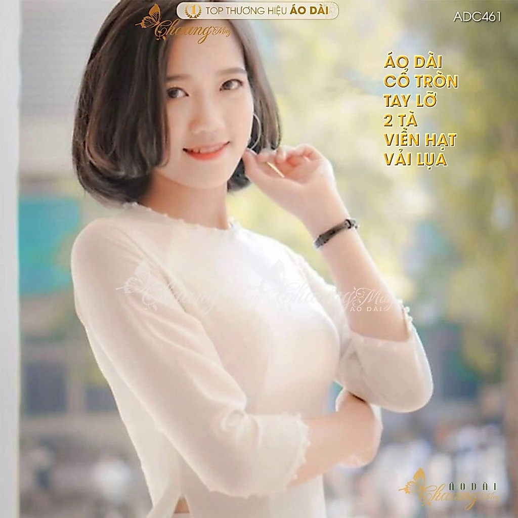Áo dài trắng cổ tròn CHAANG may sẵn áo dài nữ học sinh tay lỡ đính đá viền hạt ngọc sang đẹp ADC461