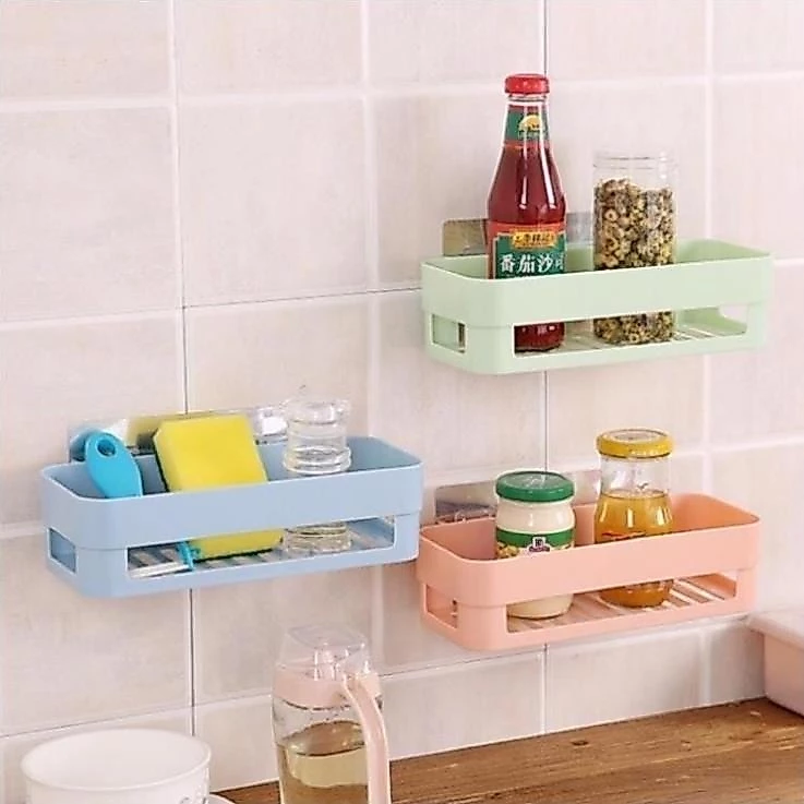 kệ để đồ nhà tắm, nhà bếp kệ để đồ đa năng bằng nhựa chữ nhật dán tường chịu lưc