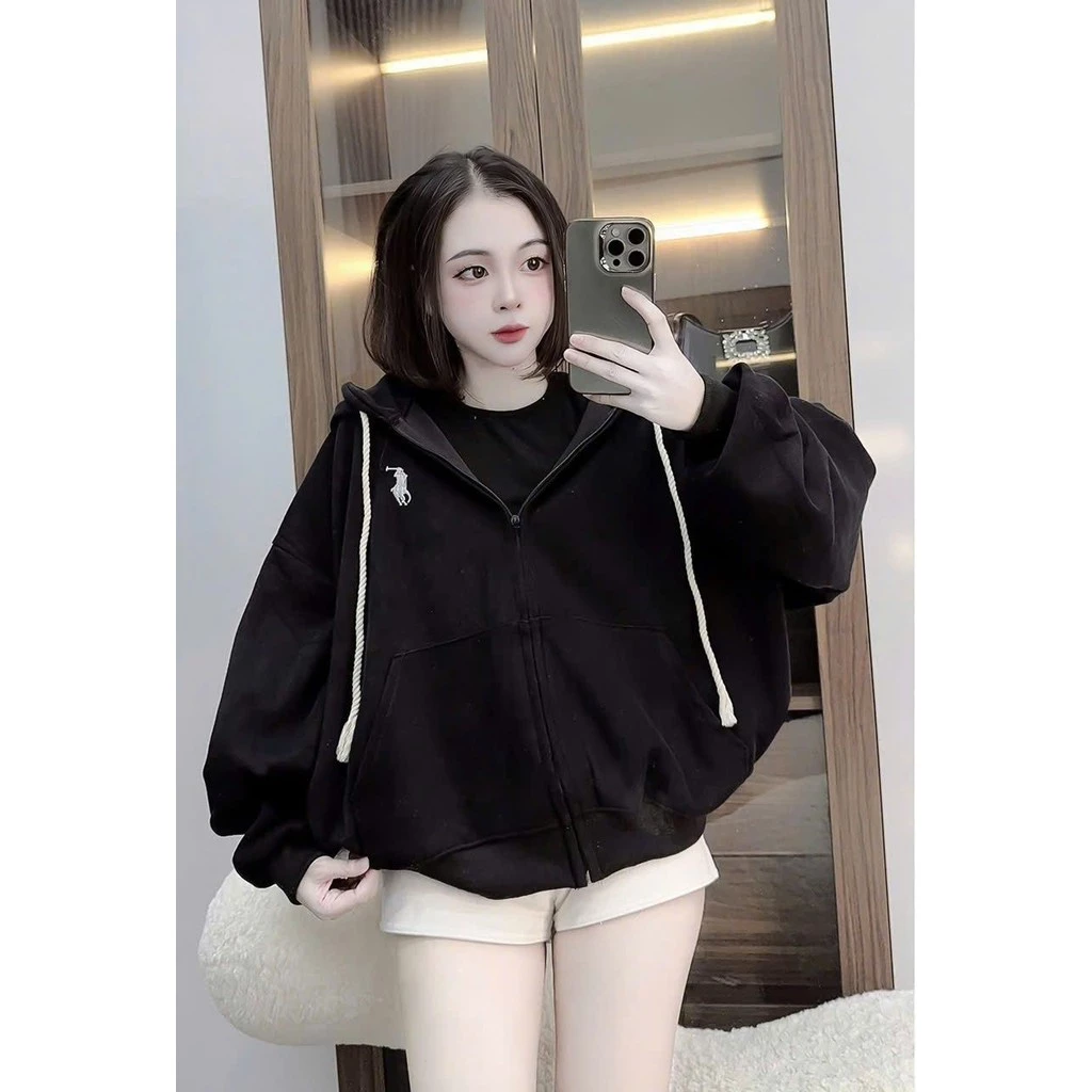 Áo khoác nỉ có khoá kéo form rộng mũ 2 lớp unisex nam nữ- hình thêu con ngựa ở ngực