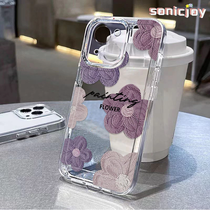 Ốp Điện Thoại Hoa Tím Và Khung Tím Thích Hợp Cho IPhone 11 12 13 14 15 16 Pro Max X XR XS Max 7Plus 8Plus Ốp Silicon Trong Suốt Thời Trang-SY