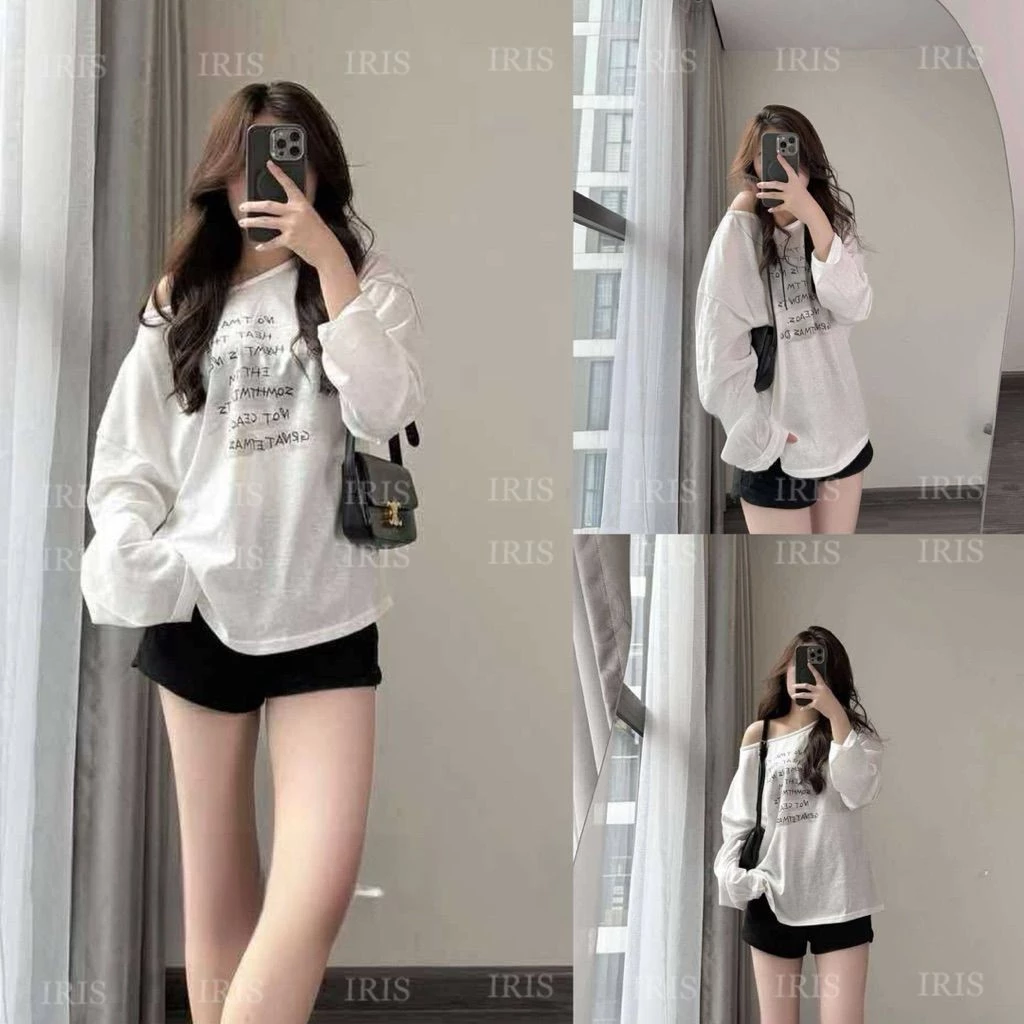 Áo Phông Nữ Lệch Vai Dài Tay Giấy Mỏng Co Giãn In Chữ Basic Gợi Cảm Form Suông Cá Tính HotTrend