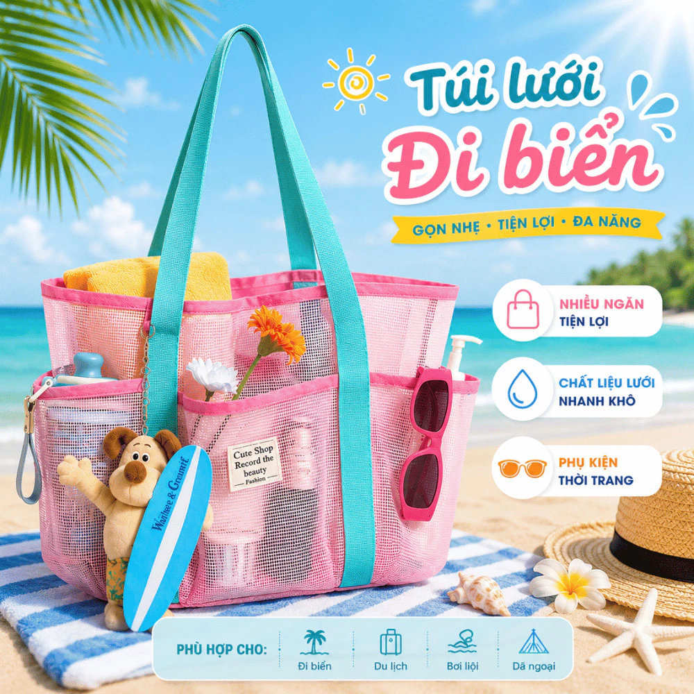 Túi Lưới Đi Biển Cỡ Lớn, Túi Tote Lưới Đựng Đồ Du Lịch Bơi Lội Nhiều Ngăn Nhanh Khô Tiện Lợi