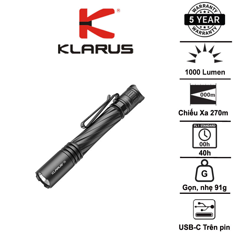Klarus P2 – Đèn pin EDC 1000 lm siêu gọn, sạc USB-C, dùng pin 14100/AA