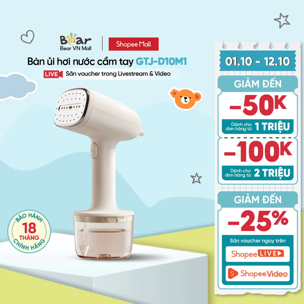 Bàn ủi hơi nước cầm tay 1000W Bear GTJ-D10M1 - Hàng Chính Hãng