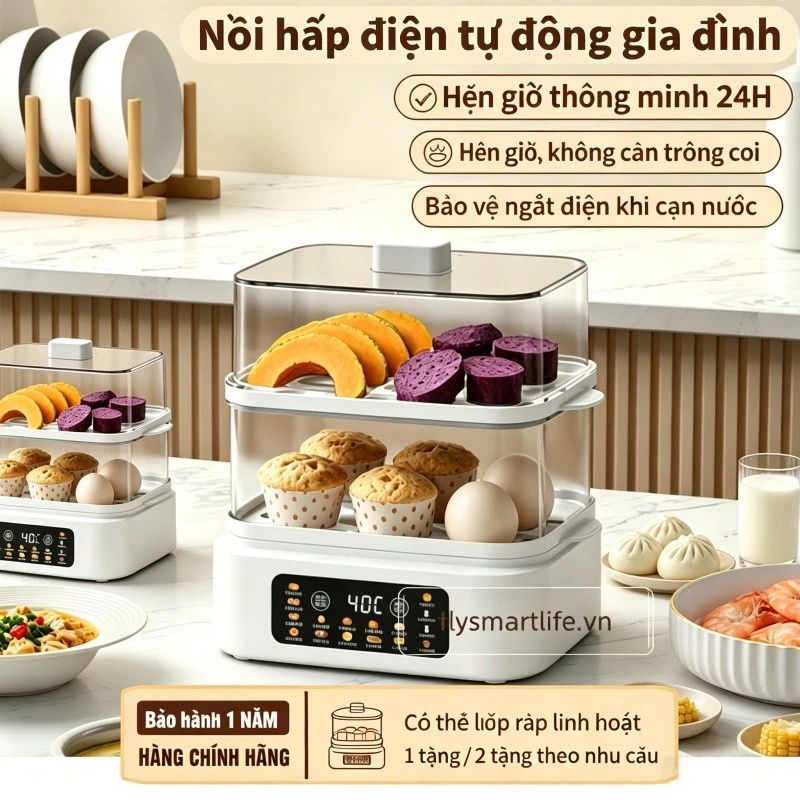 Nồi hấp điện đa chức năng dung lượng lớn 2 tầng với 14 chương trình nấu ăn thông minh, hẹn giờ 24 giờ và bảo hành chính thức 12 tháng.