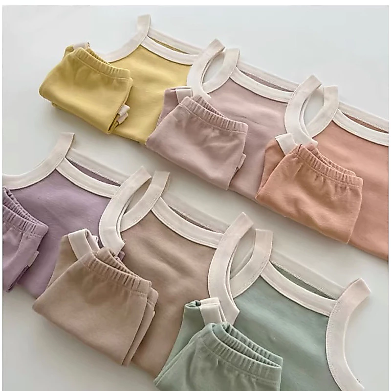 ( Không Nơ) Bộ Áo Hai Dây + Quần Short chất Cotton màu trơn kiểu dáng dễ thuơng Mùa Hè Cho Bé cho bé  1 2 3 4 tuổi