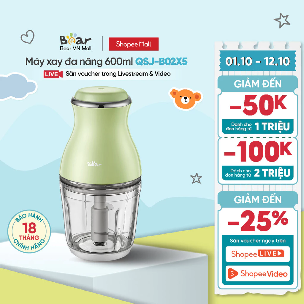 Máy xay thực phẩm đa năng Bear QSJ-B02X5 - Hàng chính hãng