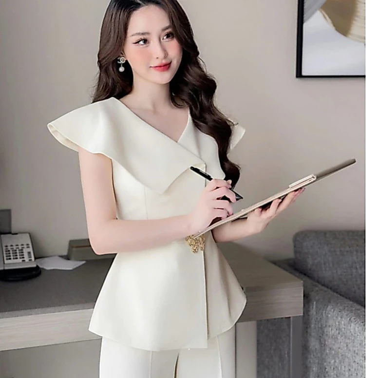 [NEW] Set Bộ Nữ Áo Cổ Cách Điệu + Quần Suông Dài Có Khóa KÉO Sang Chảnh Nữ Tính Co Giãn THOẢI MÁI