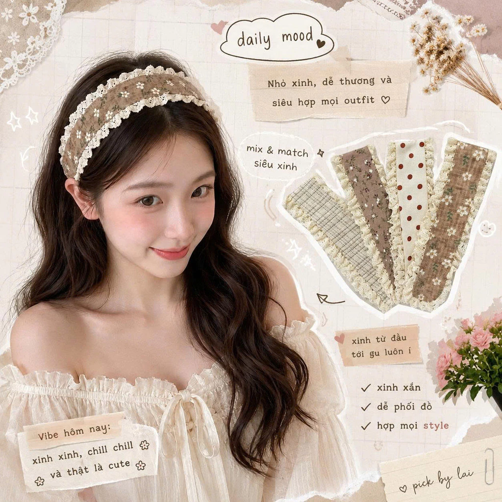 Băng Đô Dán Tóc Velcro Tone Nâu Be Vintage Giữ Tóc Gọn Gàng Skincare Makeup Đi Học Đi Chơi