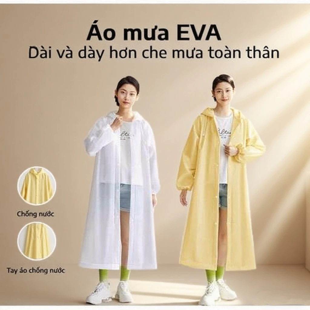 Áo mưa chống nước cho người lớn, dày và dài hơn, chất liệu EVA, nhiều màu sắc, dễ mang theo.