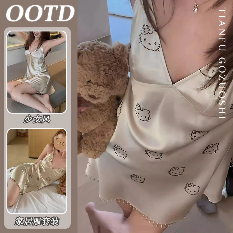 Đầm ngủ lụa băng hợp thời trang Thiết kế áo ngực tích hợp dành cho nữ Mỏng mát mẻ Mùa hè Loungewear