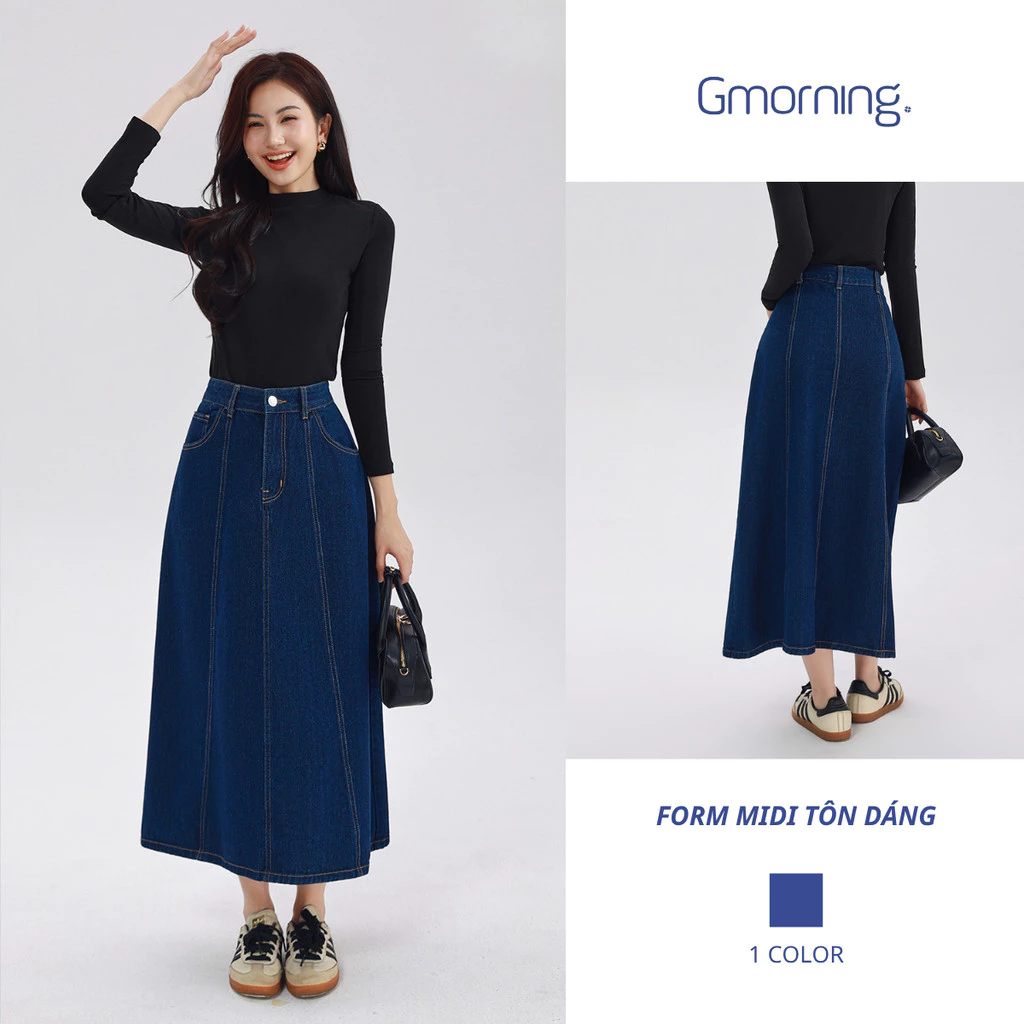 Chân Váy Jean Dài Chữ A Gmorning YVJG04010 - Váy Denim Xanh Đậm Vintage Thanh Lịch, Tôn Dáng
