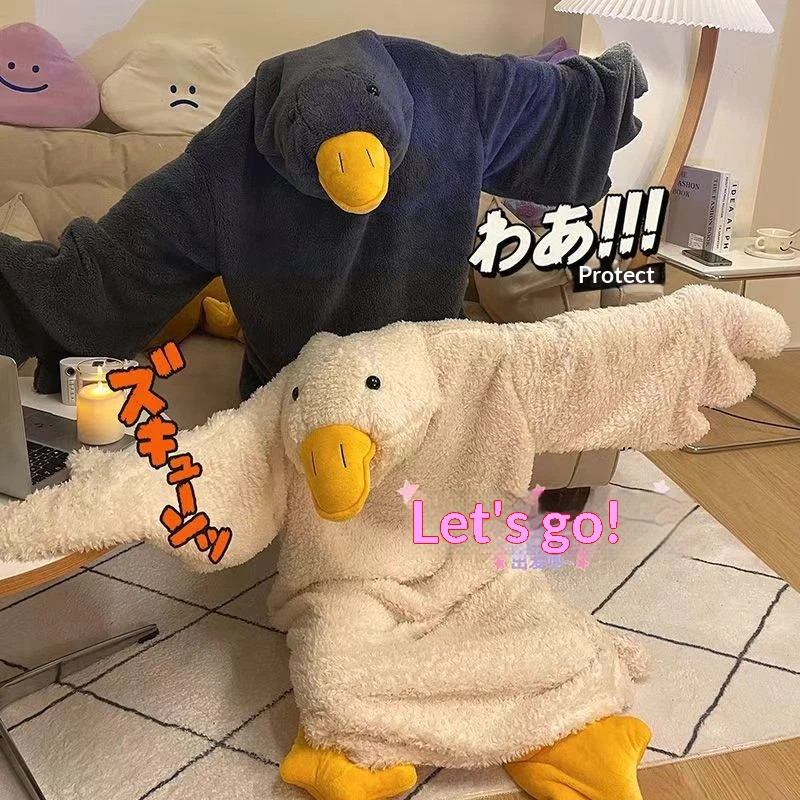 Váy ngủ Geese màu trắng lớn dành cho nam và nữ Bộ đồ ngủ lông cừu san hô ngộ nghĩnh dễ thương