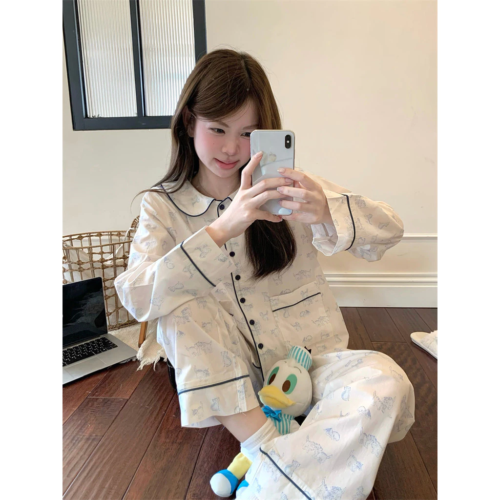 [SẴN] 865_ Bộ ngủ nữ, pijama dài tay  cổ sen hoạ tiết mèo xanh chất cotton | 9scat | Hàng QCCC