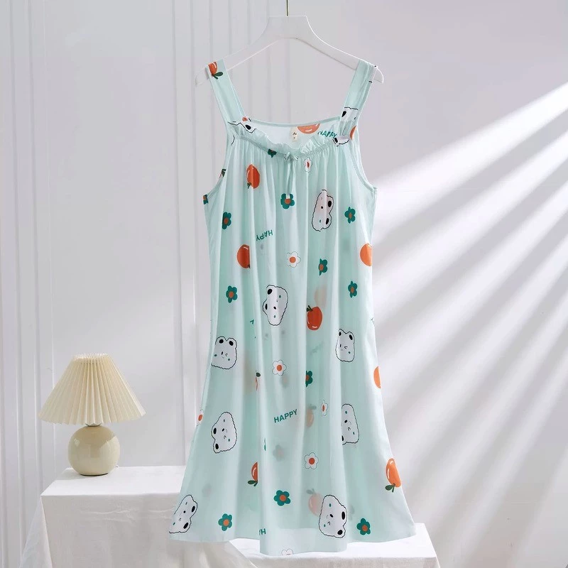 Bộ đồ ngủ lụa cotton vai rộng, mỏng nhẹ dành cho nữ