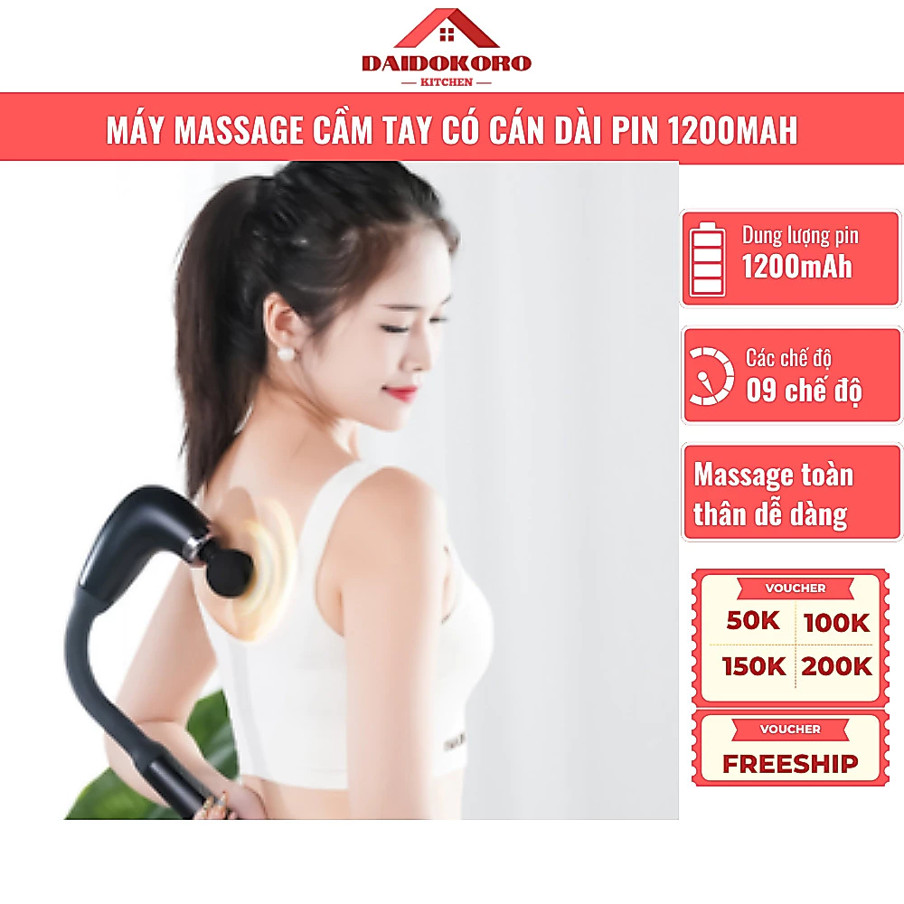 Máy Massage Lưng Cầm Tay Cán Dài Massage Toàn Thân 09 Chế Độ Pin 1200mAh Sạc USB Kèm 04 Đầu Massage