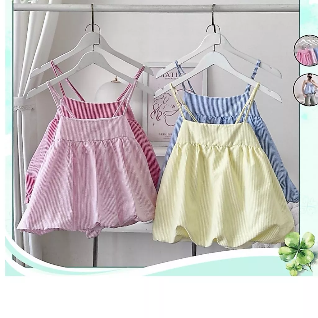 Áo Bí 2 Dây Kẻ Sọc Form Xoè Dễ Thương Babydoll, Áo Kiểu Nữ - Fashion 73