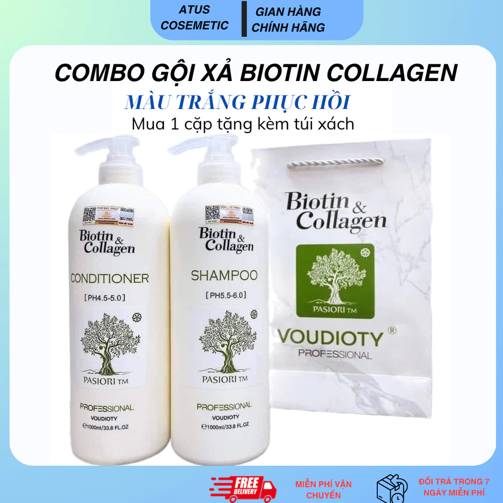 Gội Xả Biotin Collagen màu Trắng Giảm Rụng Tóc, Phục Hồi Tóc Khô Xơ dung tích 500ml,1000ml