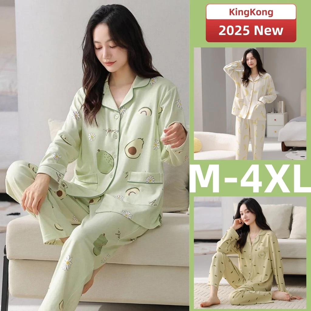 Bộ đồ ngủ cotton plus dài tay dành cho nữ, kích thước từ M đến 4XL, phù hợp mặc ở nhà vào mùa thu đông.