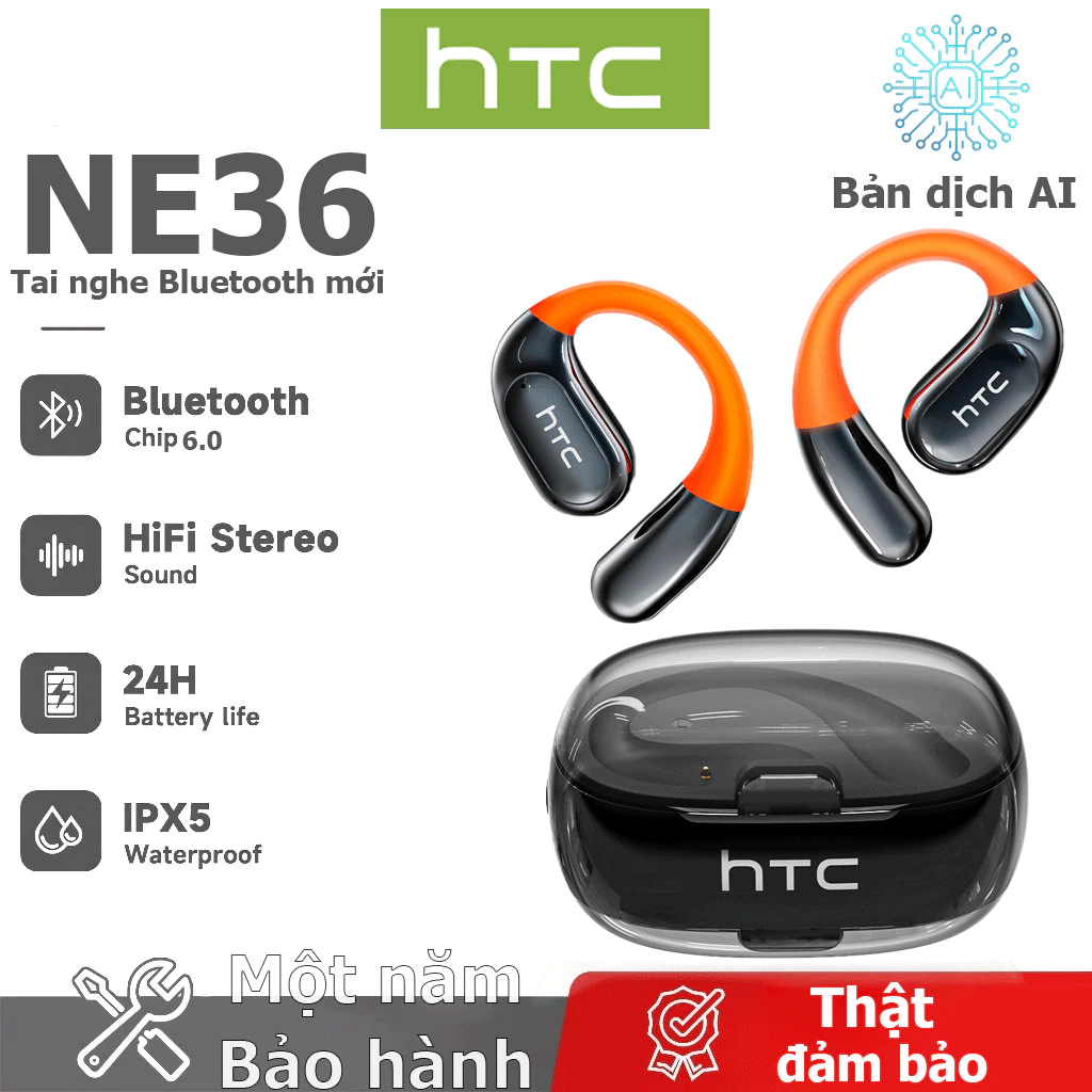 Bảo hành 1 năm HTC NE36 AI Dịch thuật thời gian thực Tai nghe BluetoothTWS Bluetooth 6.0 Chất lượng âm thanh HiFi IPX5 Tai nghe không dây chống nước