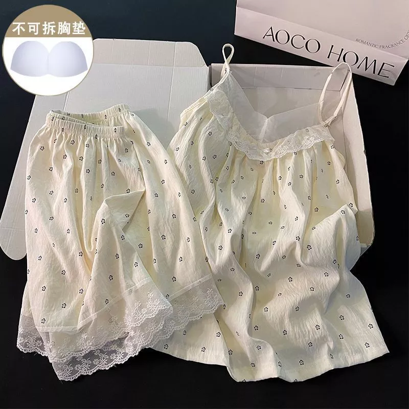 [Pre-Order]-Bộ đồ ngủ nữ họa tiết hoa ngọt ngào, kiểu cotton mùa hè mới, áo hai dây mỏng thời trang, chuẩn hàng qc