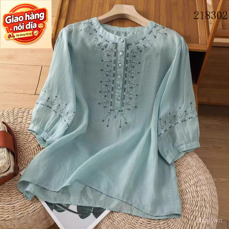 Giao hàng nội địa từ Việt Nam Mỏng Phong Cách Cổ Tròn Áo Sơ Mi Thêu Nữ Rời Nút - Perfect Cho Mùa Hè