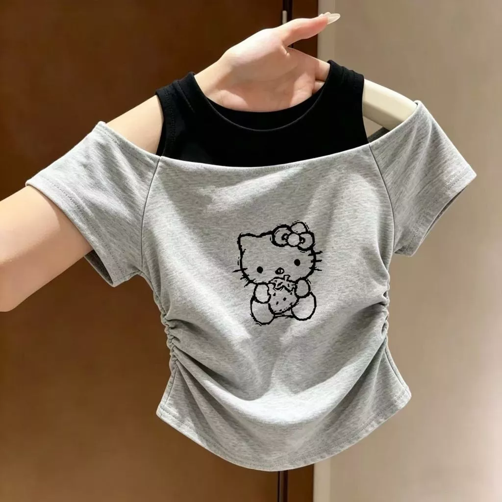 Áo thun bé gái lệch vai giả 2 lớp mùa hè - áo nhún eo in hình dễ thương phong cách Hàn Quốc