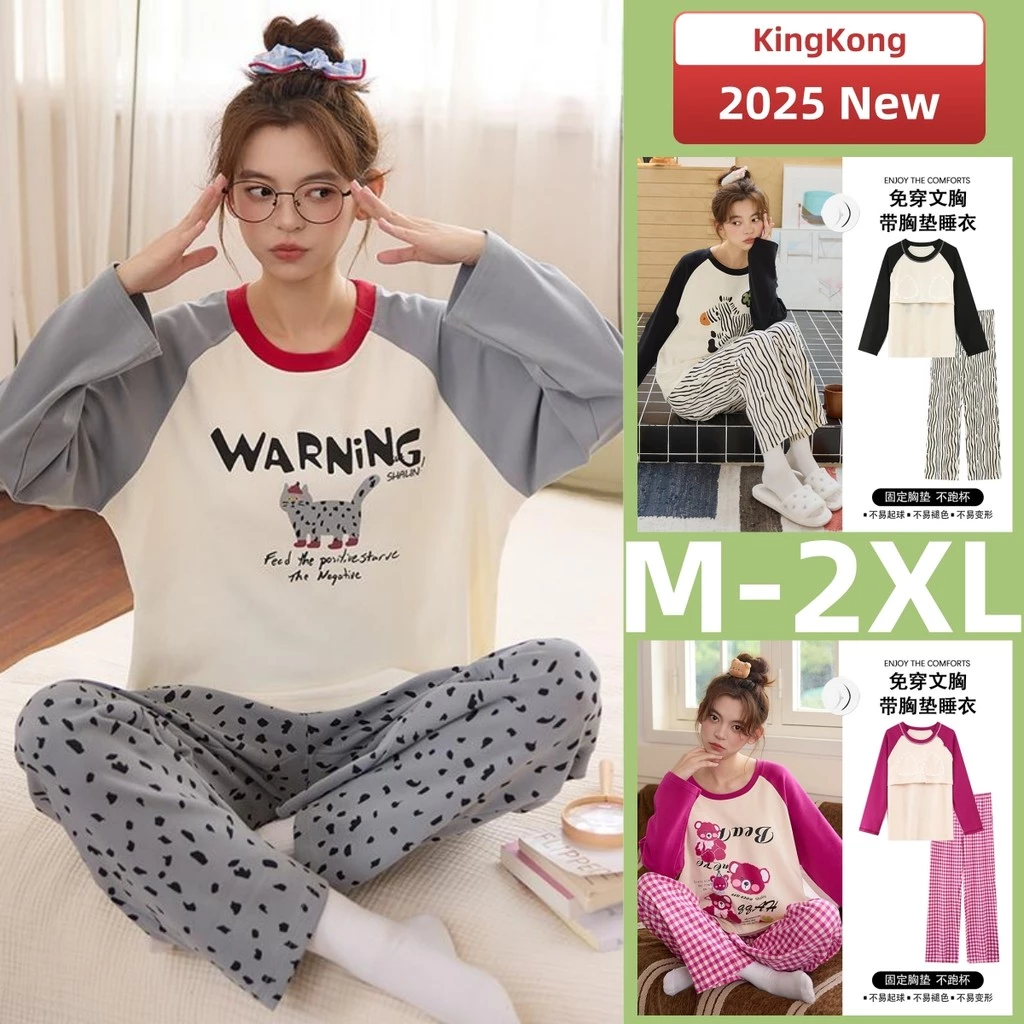 Bộ đồ ngủ nữ thu đông dài tay cotton, có đệm, thiết kế rời, họa tiết đáng yêu