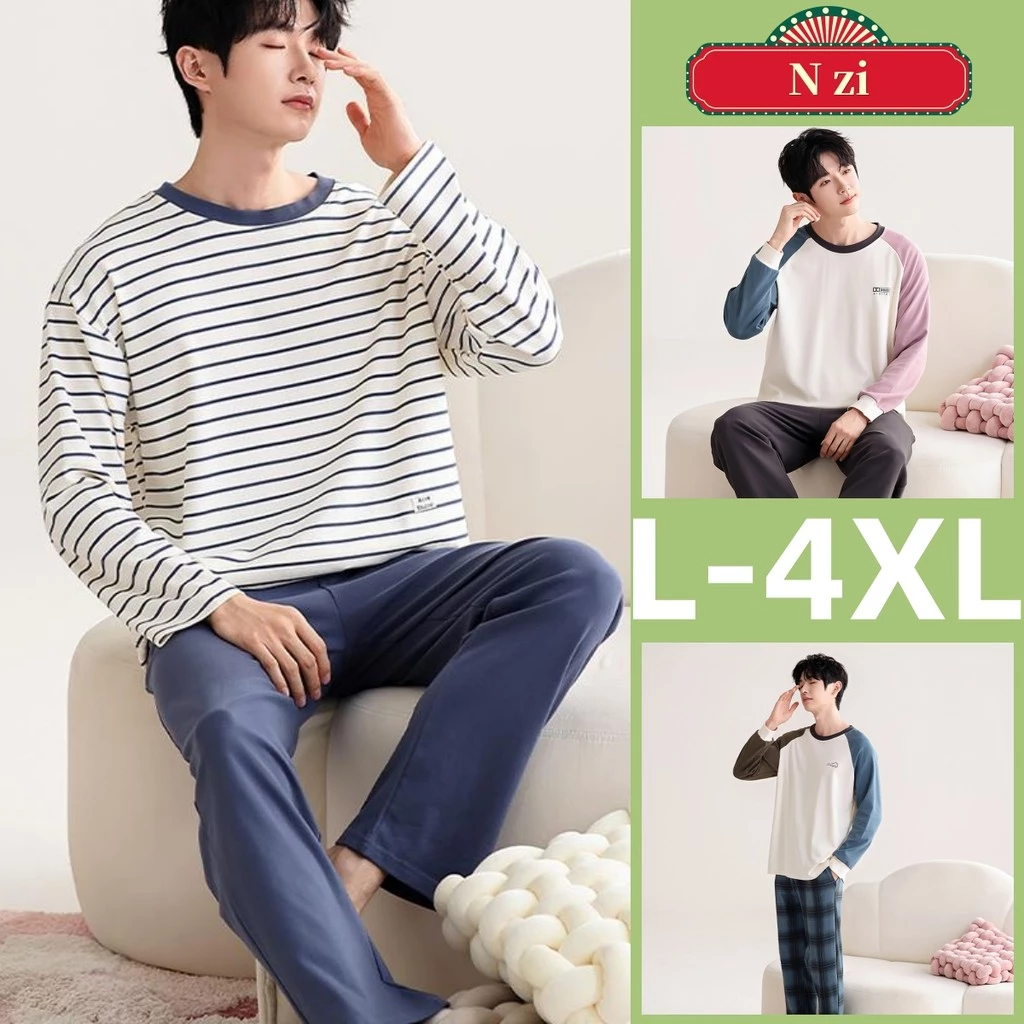 Bộ Đồ Ngủ Nam Cotton, Tay Dài Kẻ Sọc Cho Mùa Thu Đông - Size L đến 4XL