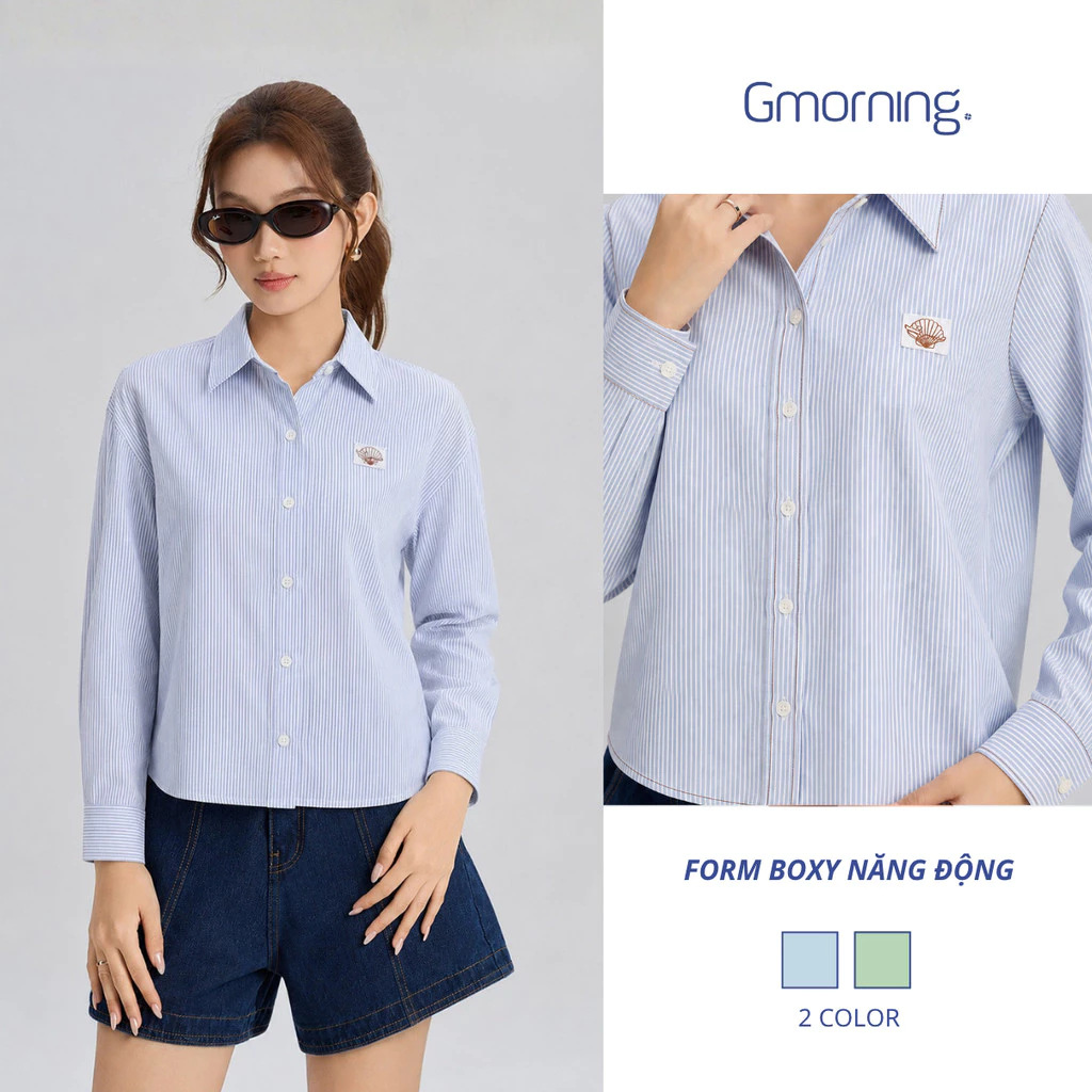 Áo Sơ Mi Nữ Kẻ Sọc Gmorning YAG06045 Form Boxy Năng Động - Áo Sơ Mi Tay Dài Thêu Logo Viền Chỉ Nổi