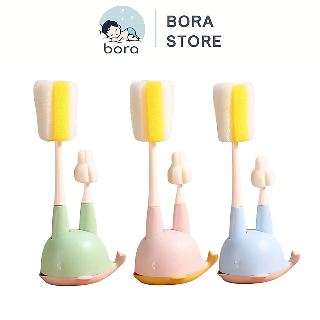 Cọ rửa bình sữa mút xốp 2 chi tiết cho bé, có đế phơi hình cá heo