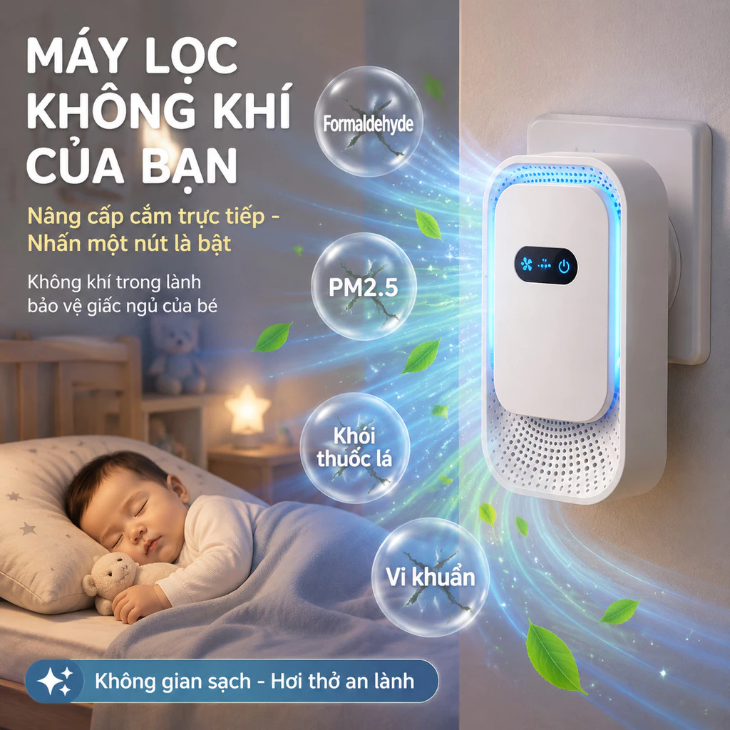Máy lọc không khí ion âm - Loại bỏ formaldehyde, PM2.5, khói thuốc lá và vi khuẩn - Kết nối trực tiếp Plug-in - Dành cho phòng ngủ