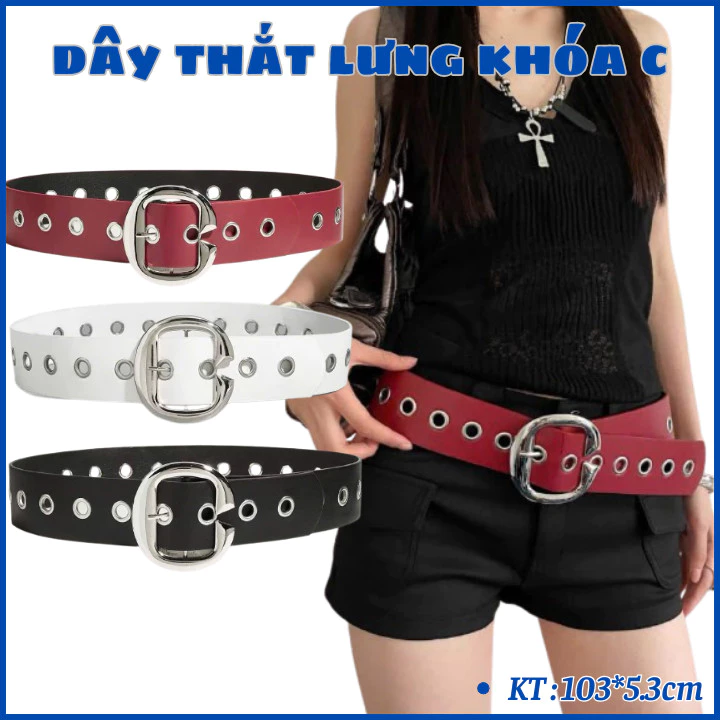 Dây thắt lưng nam nữ Y2K khóa chữ C lỗ tròn , dây nịt thời trang phong cách Cá Tính OLL421