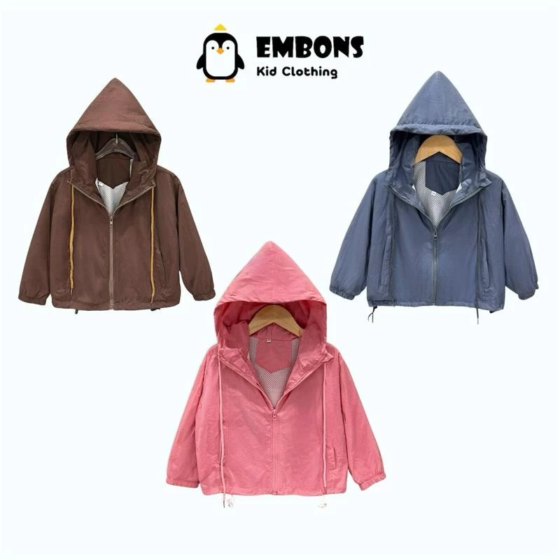 Áo khoác gió cho bé EMBONS lót lưới mềm mịn, túi có khoá kéo chống nắng chống nước cản gió từ 8-30kg