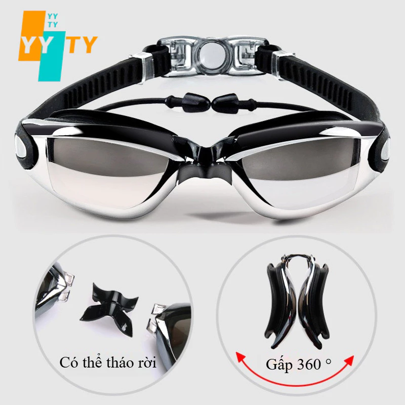YYTY Kính bơi người lớn tráng gương,Với mũ bơi và nút tai,Học bơi thoải mái,Kính chống sương mù