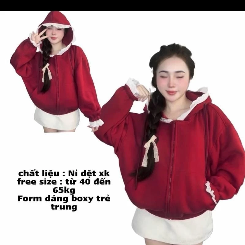Áo Khoác Nữ Nón Viền Ren Chống Nắng Đi Học Đi Chơi Women Chất Liệu Ni Dệt Xk Form Dáng Boxy Trẻ Trung