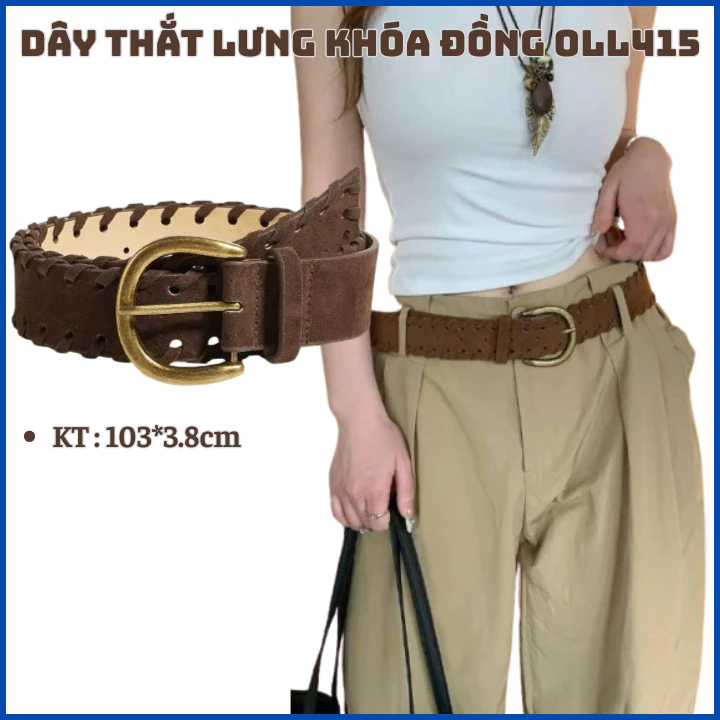 Dây thắt lưng nam nữ Y2K Màu nâu cổ điển Vintage, dây nịt da nhung lộn mềm mại phong cách Retro OLL415